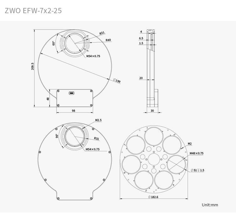 Front view of the ZWO EFW-7×2 inch electronic filter wheel showing the large 2-inch aperture, mounting pattern, and USB-C port.