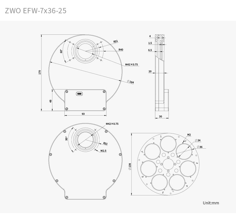 Front view of the ZWO EFW-7×36 mm electronic filter wheel showing the large 36 mm aperture, mounting pattern, and USB-C port.