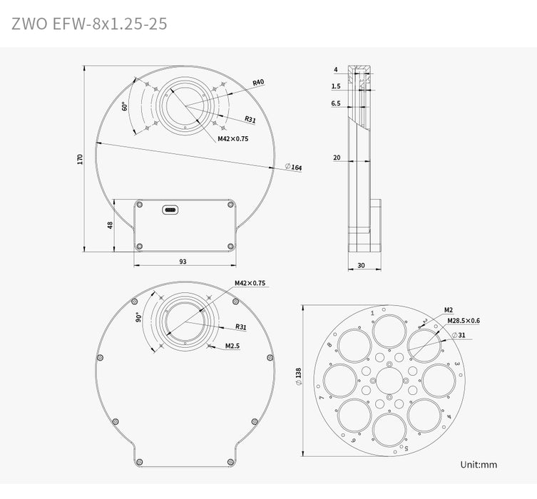 ZWO EFW-8×1.25" Electronic Filter Wheel | 8-Position USB-C Wheel for 1.25"/31mm Filters