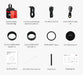 List of camera accessories including camera body, bag, cables, adapters, and more on a white background.