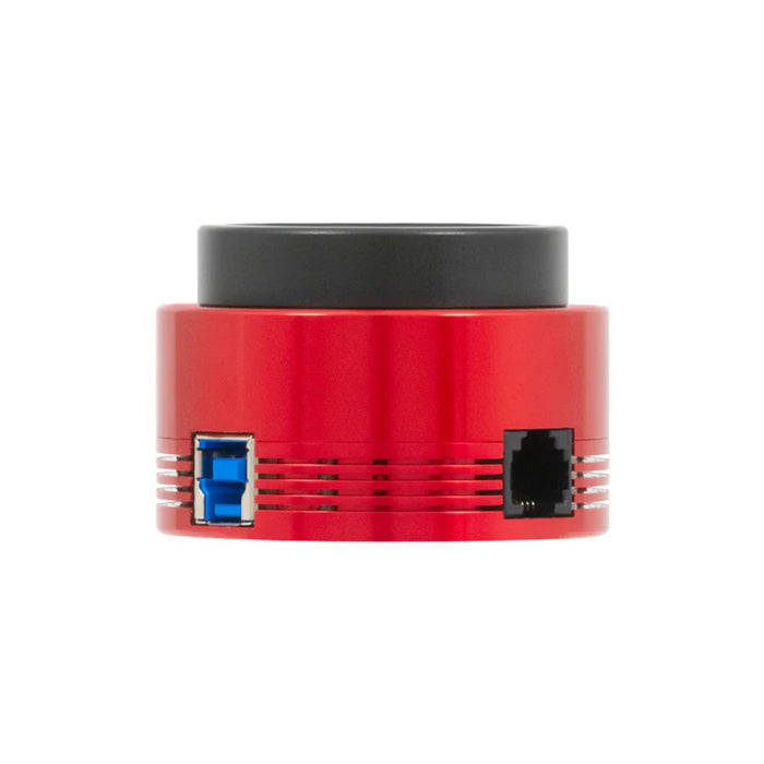 Red electronic device with black top and blue connector on a white background