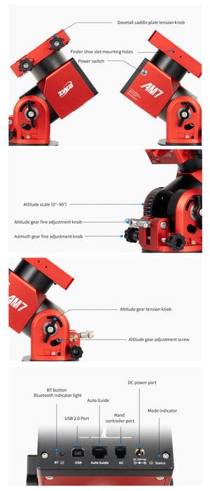 Angled view of the ZWO AM7 harmonic drive mount, showing the mount head, altitude adjustment assembly, and clean mechanical layout.