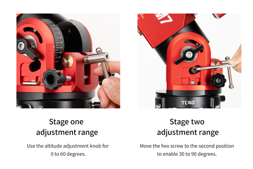 Angled view of the ZWO AM7 harmonic drive mount, showing the mount head, altitude adjustment assembly, and clean mechanical layout.