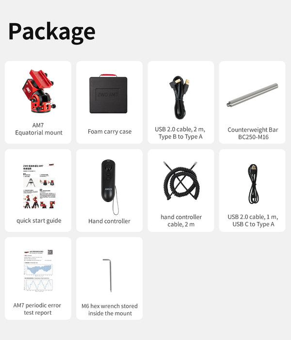 List of items included in a package with icons and text labels on a white background.