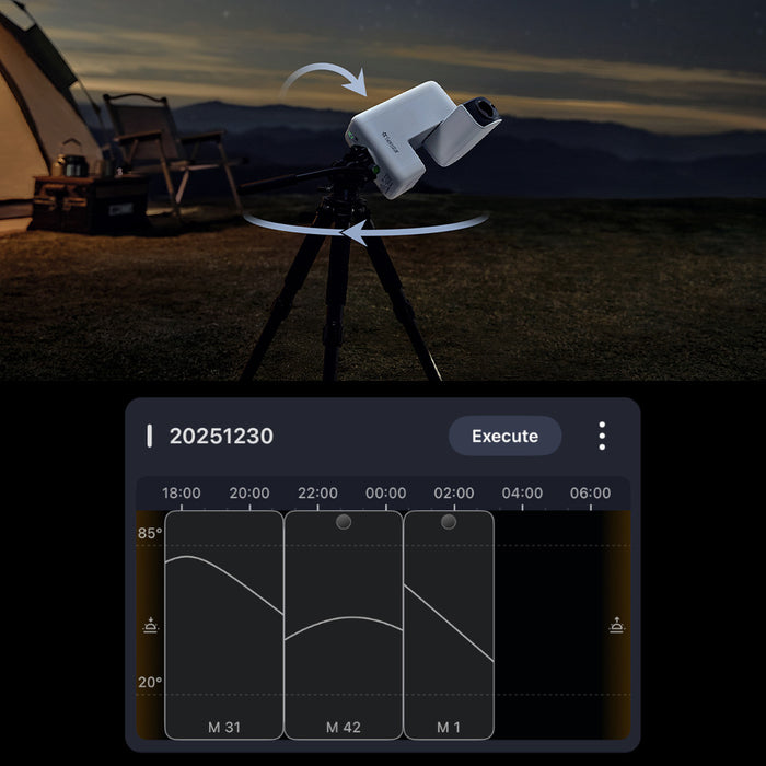 Telescope on a tripod with a computer interface displaying star map data in a camping setting.