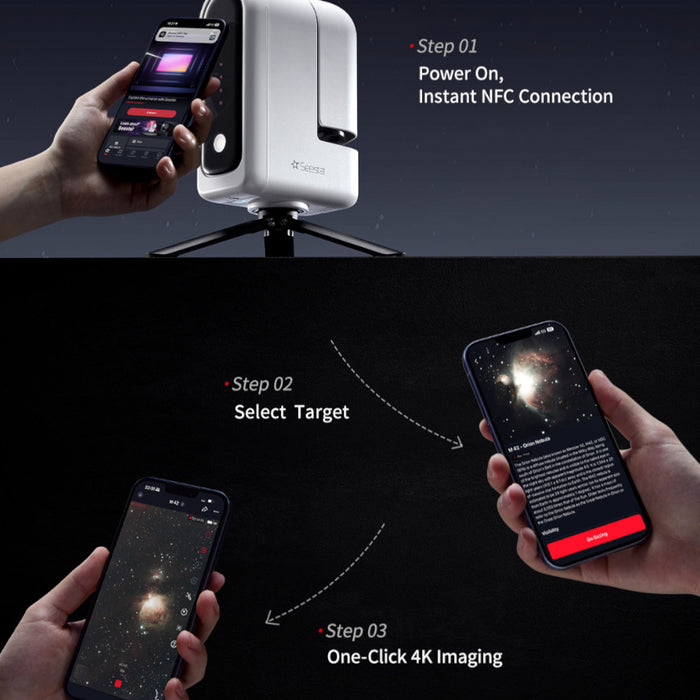 Step-by-step guide on using a device with smartphone app for imaging, including power on, target selection, and 4K imaging.