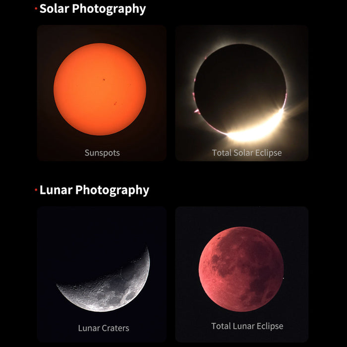 Comparison of solar and lunar photography with sunspots, total solar eclipse, lunar craters, and total lunar eclipse.
