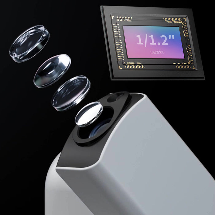 Camera lens assembly with sensor and lens elements on a black background