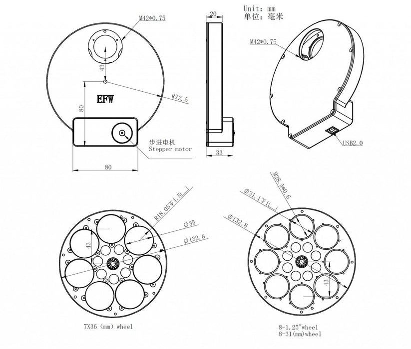 ZWO EFW 8-Position Filter Wheel For 1.25" And 31mm Filters